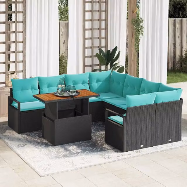 Set Divano da Giardino 9 pz 8-Numero di posti Nero e Teal 3349696