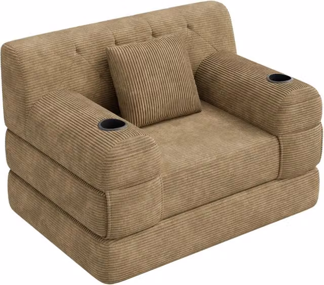 Poltrona letto 1 posto 107x162 cm in velluto a coste con portabevande; kaki