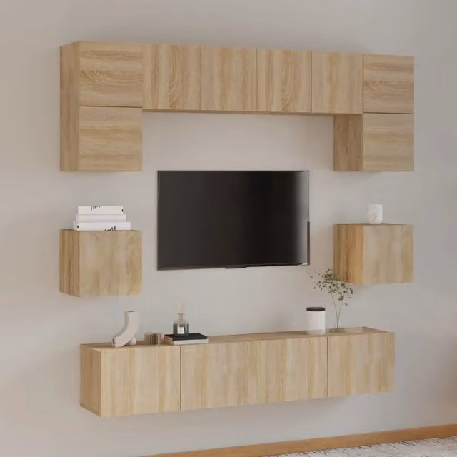 Set di mobili porta TV da 8 pezzi vidaXL in legno multistrato color rovere e beige per soggiorno – 1