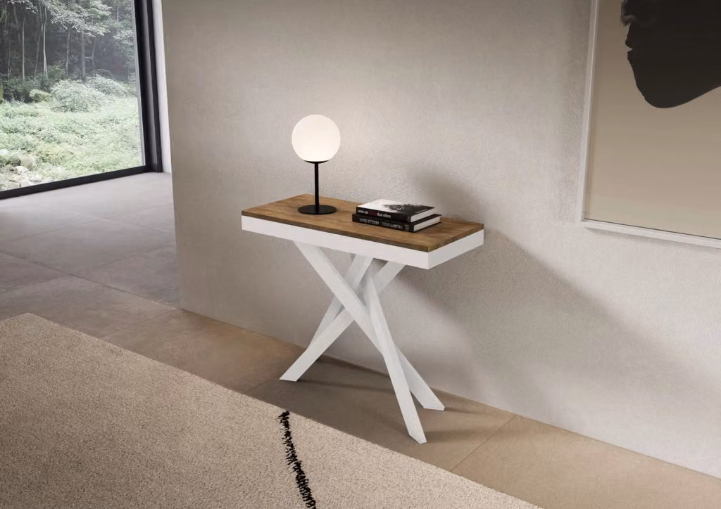 Consolle Allungabile Saki Evolution GIORDANOSHOP Noce con Gambe Bianche L/P/H: 90-300 x 40 x 77 cm – 2