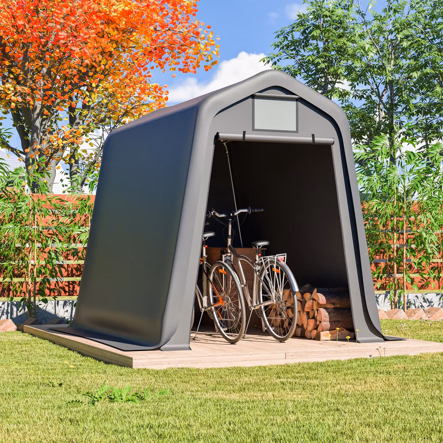 Capanno MODFU Versatile capanno per attrezzi, ricovero per biciclette o tettoia per auto in materiale PE impermeabile con tende a rullo, resistente ai raggi UV e al vento, facile da montare, grigio