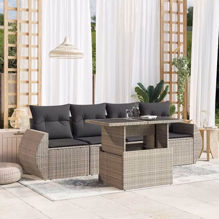 Set Divano da Giardino vidaXL 5 Pezzi in Polyrattan con Cuscini Grigio Antracite e Tavolino