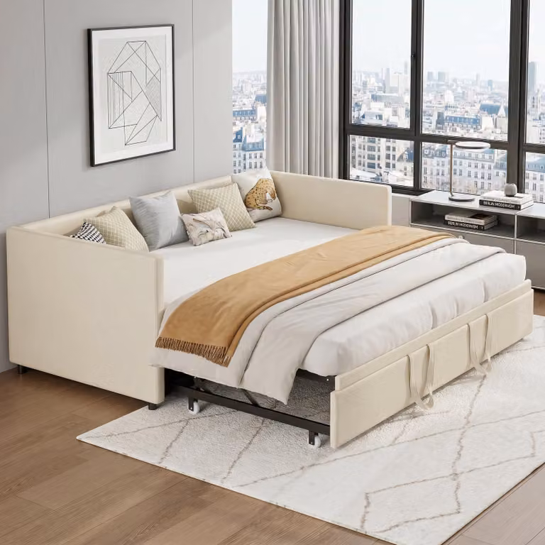 Letto imbottito INONEFT, divano letto 90x200 cm/180x200 cm, con letto estraibile, divano letto giornaliero con rete a doghe e braccioli, letto per ospiti, letto per ragazzi, in velluto, color beige