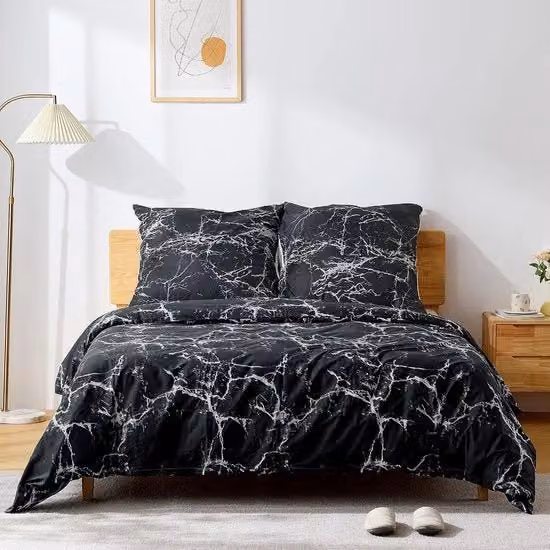 Set di lenzuola reversibili ATsense in cotone con motivo marmo nero, composto da 1 copripiumino 155 x 220 cm e 1 federa 80 x 80 cm con chiusura a zip invisibile