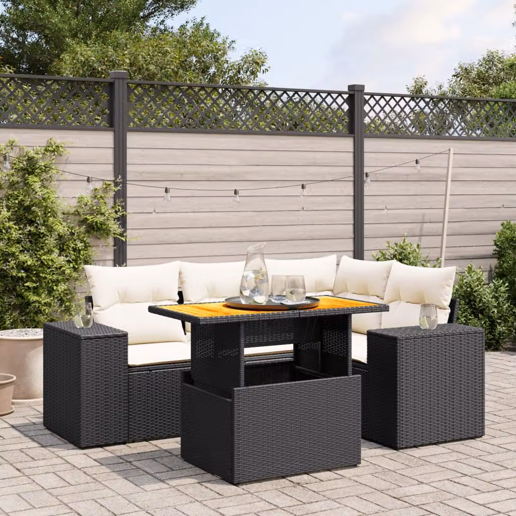 vidaXL Set Divani da Giardino a L 5 pz in Polyrattan Nero con Cuscini e Tavolino – 1