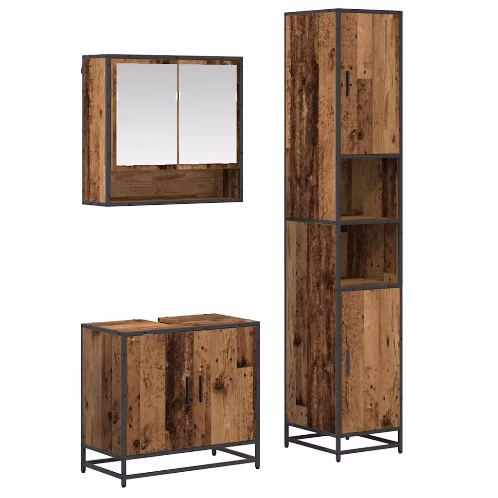 Set di mobili per il bagno vidaXL 3 pezzi in legno e metallo marrone e nero con armadietto a specchio, mobile lavabo e colonna alta – 2