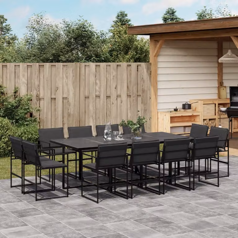Set da pranzo da giardino vidaXL in acciaio verniciato a polvere e vetro, 13 pezzi, nero e grigio