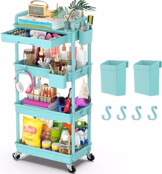 Carrello portaoggetti a 4 ripiani con ruote e ripiano aggiuntivo per cucina, bagno, ufficio e soggiorno - Blu