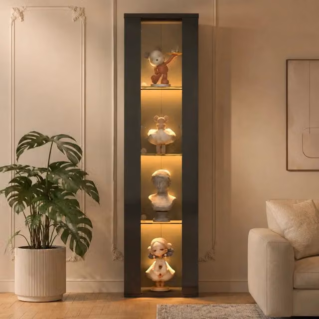 Vetrina multifunzionale nera 40x29x170 cm con ripiani in vetro, illuminazione LED multicolore e controllo APP, da parete