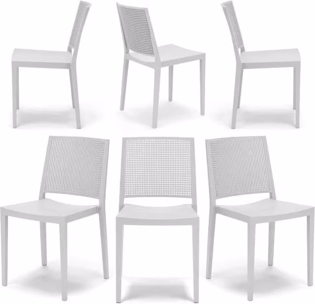 Set 6 Sedie in polipropilene PORTO, impilabile, resistenza raggi UV, design moderno, ideale per sala da pranzo, cucina, bar, ristoranti o giardino, colore Bianco