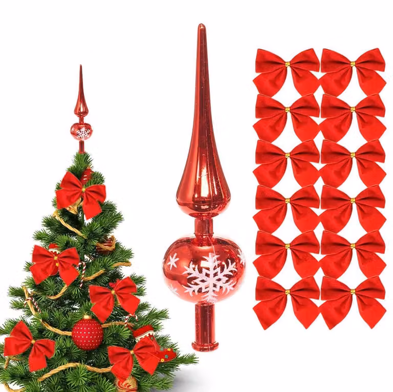 Decorazione per la punta dell'albero di Natale, colore rosso, a forma di fiocco di neve, 23 cm, e 12 fiocchi rossi