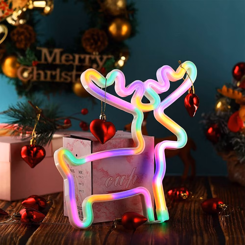 Insegna al neon LED renna colorata 25x28 cm - Decorazione natalizia da parete con cervo - Alimentazione USB e a batteria
