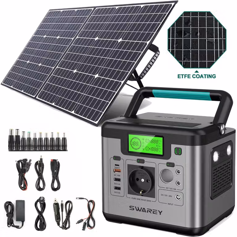 SWAREY S500 Stazione di alimentazione portatile 518Wh/144000mAh Generatore di energia solare con pannelli solari da 100W Sistemi di alimentazione solare Caricabatterie a celle solari Caricabatterie a scatola solare Powerbank Type-C/USB per l'alimentazione