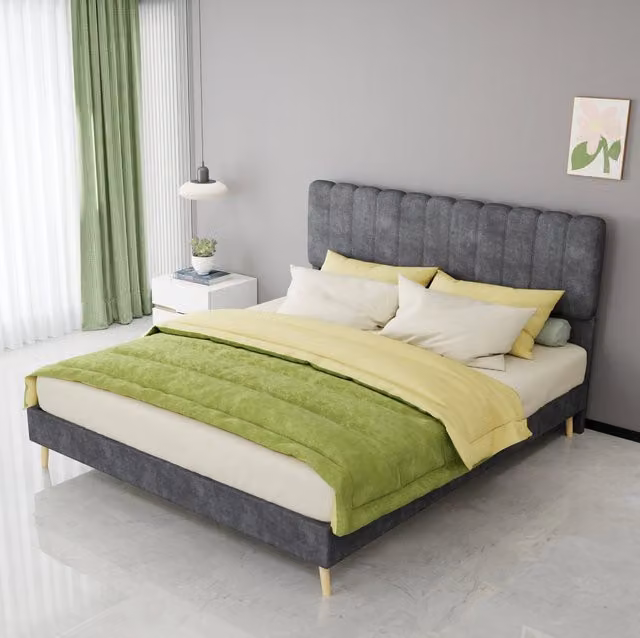 Letto matrimoniale 160x200 cm imbottito in tessuto grigio con testiera morbida