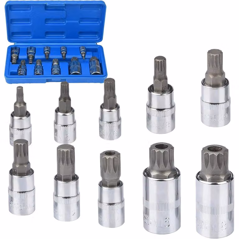 Set di chiavi a bussola con molteplici misure, 10 pezzi, 1/4", 3/8", 1/2", da M4 a M18, in acciaio cromo-vanadio