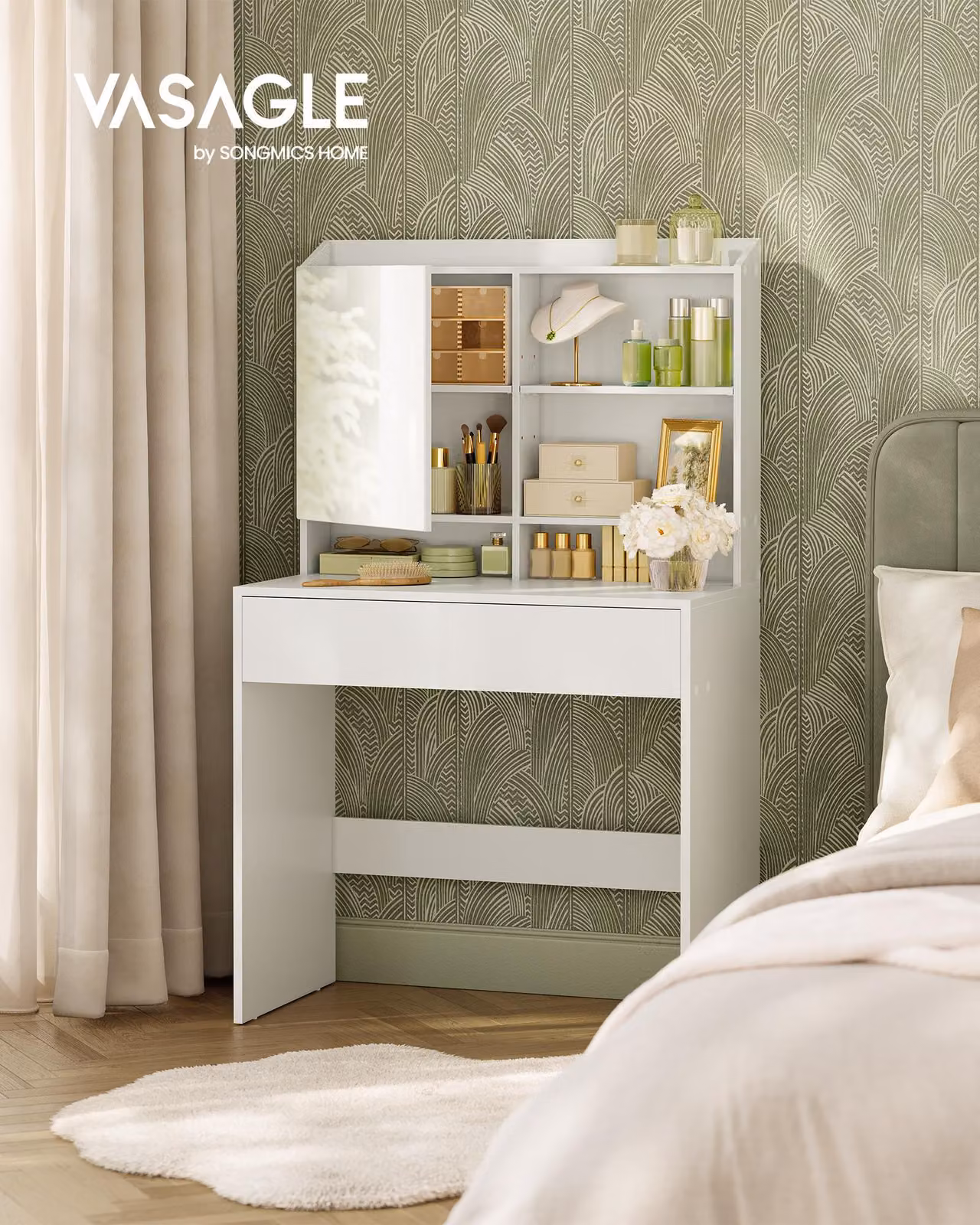 Comodino VASAGLE, con specchio, ripiani regolabili, larghezza 70 cm, bianco