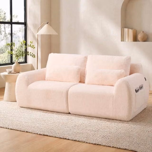 Divano 2 posti compatto con porta USB e tasca laterale, rosa, rivestimento effetto pelliccia di coniglio