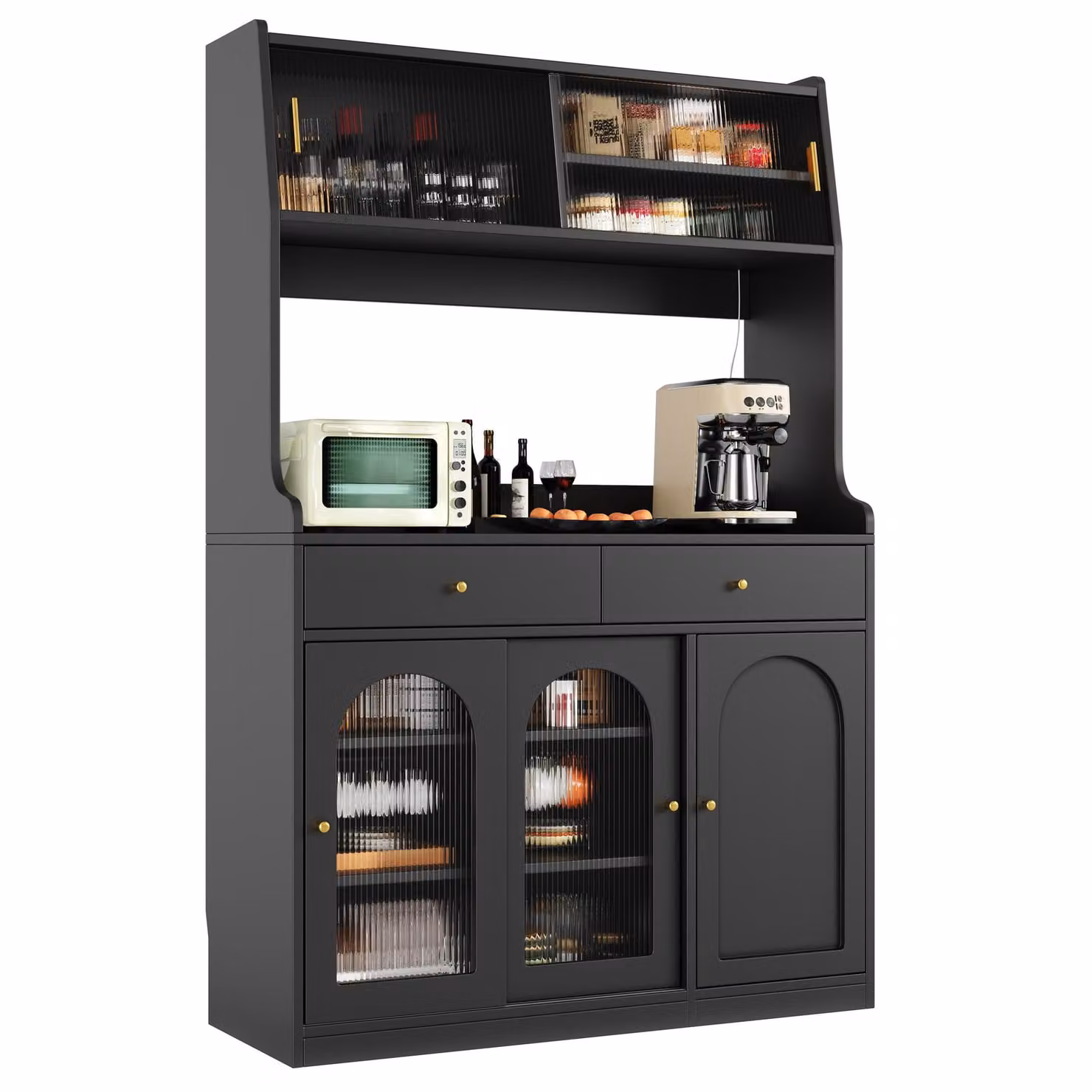 Armadio alto Flieks con LED e ante scorrevoli in vetro, mobile contenitore 120x40x180 cm, buffet da cucina con ripiani regolabili, nero