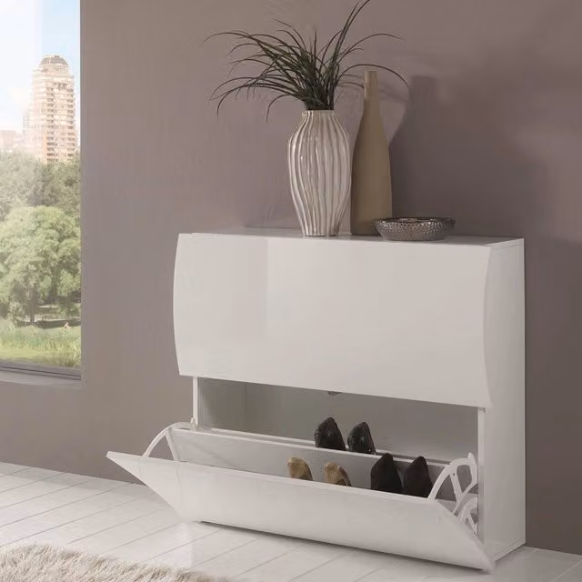 Scarpiera Ape, Made in Italy, a 2 ante a ribalta, Portascarpe da ingresso, cm 101x27h82, colore Bianco lucido