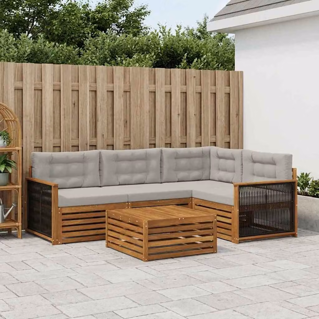 Set di divani da esterno vidaXL a forma di L in legno di acacia con tavolo da caffè e cuscini, beige e grigio