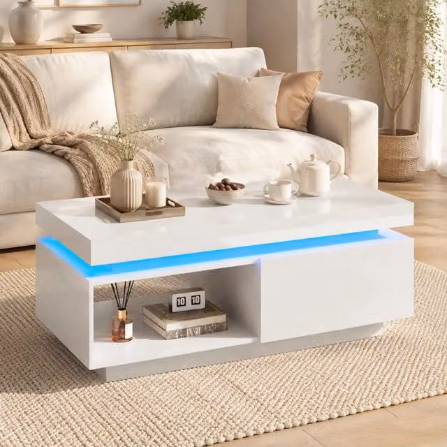 Tavolino da salotto ULEVR 100x50x40,3 cm con LED e cassetto, piano lucido bianco, portata 50 kg