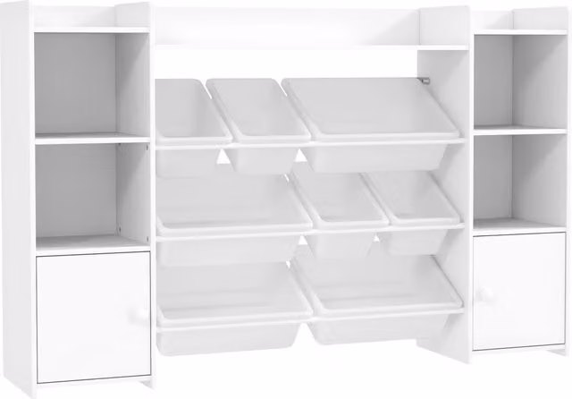 Scaffale Portagiochi per Bambini Giordanoshop Bianco con 8 Contenitori Rimovibili e Armadietti in MDF L 140 cm x P 30 cm x H 90 cm