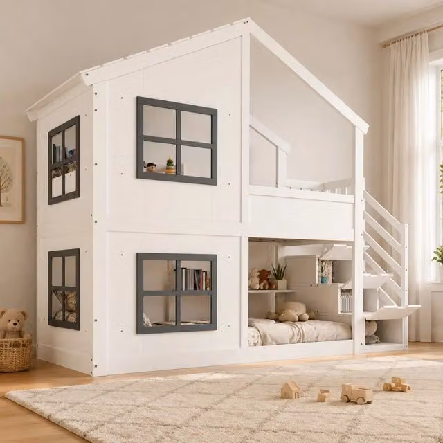 Letto a castello Mivray per bambini con scala contenitore a tre gradini e scomparti laterali, colore bianco e grigio, L/P/H: 200 x 90 x 176 cm