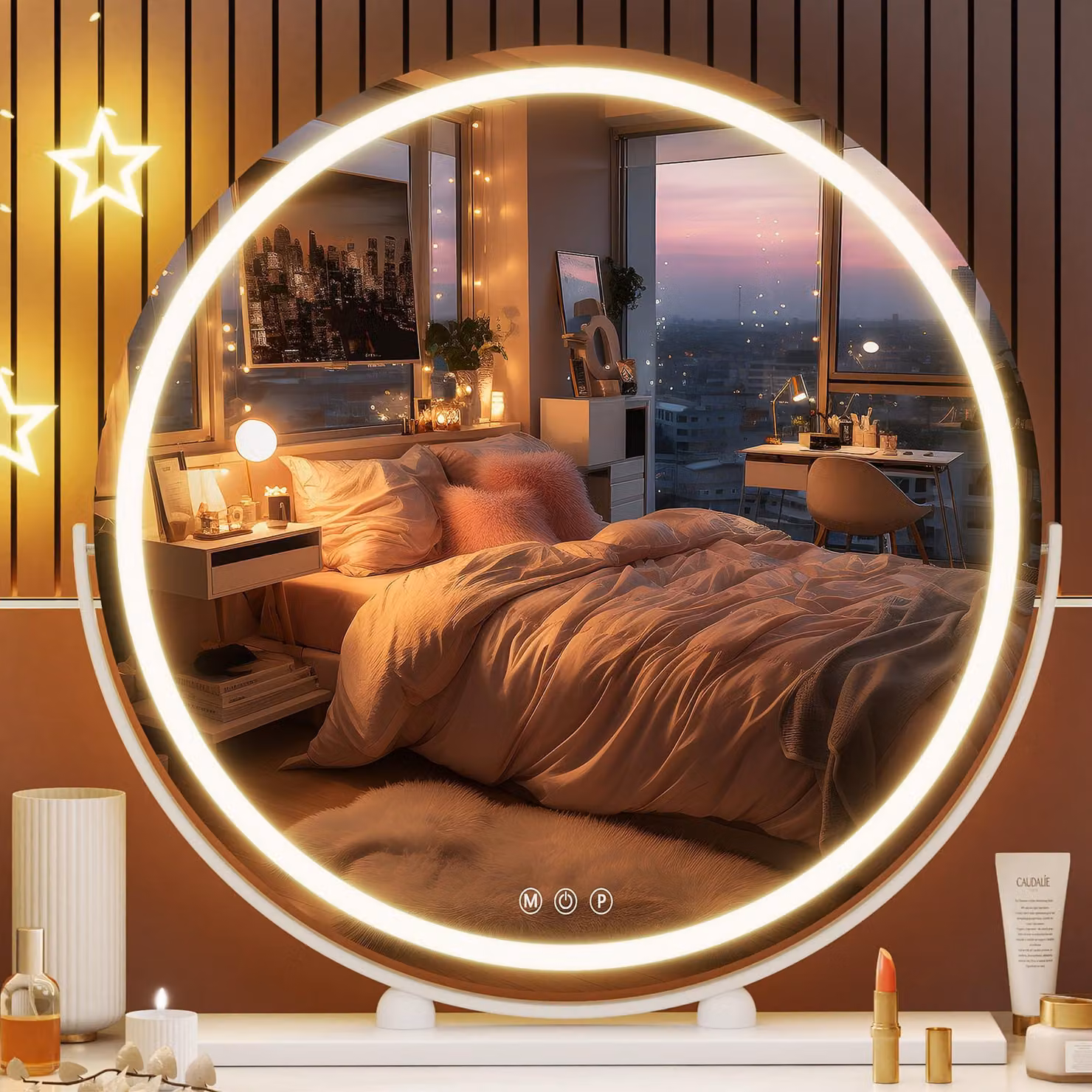 Specchio da trucco a LED, forma circolare, diametro 60 cm, con dimmer, 3 modalità di illuminazione, controllo touch, rotazione a 360°
