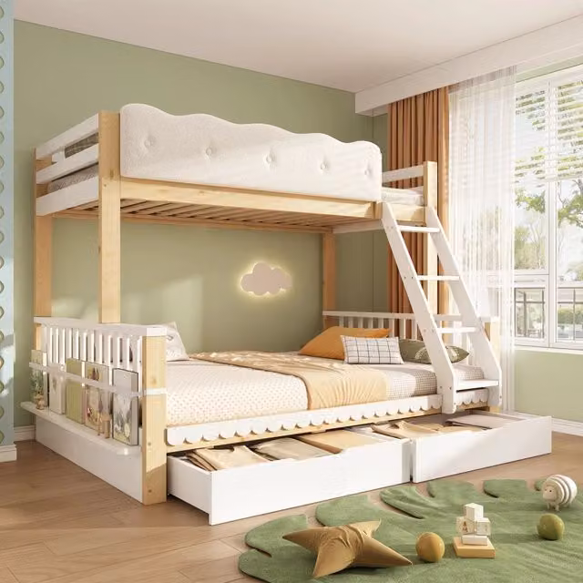 Letto a castello REDOM per bambini in legno con cassetti e portariviste, Bianco e Rovere, H 204 x L 154 x P 75,9 cm (90x200/140x200 cm)