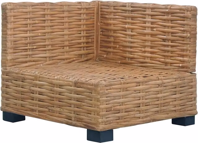 Divano Angolare L Shape Design Mania in Rattan Naturale e Legno di Mango con Cuscini in Tessuto Bianco e Marrone