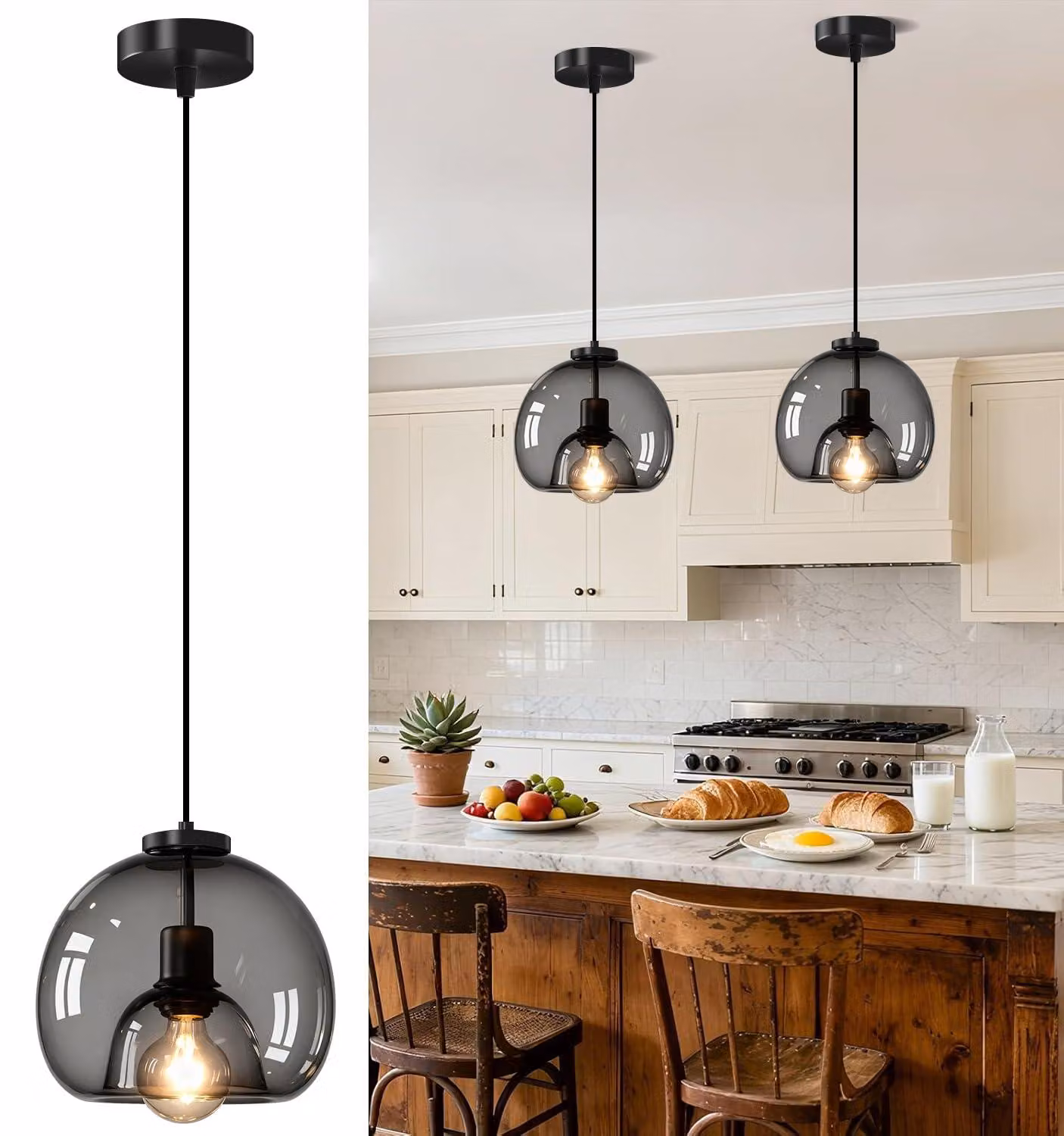 Lampada a sospensione vintage in vetro, ideale per la sala da pranzo, attacco E27, 1 punto luce, diametro 20 cm