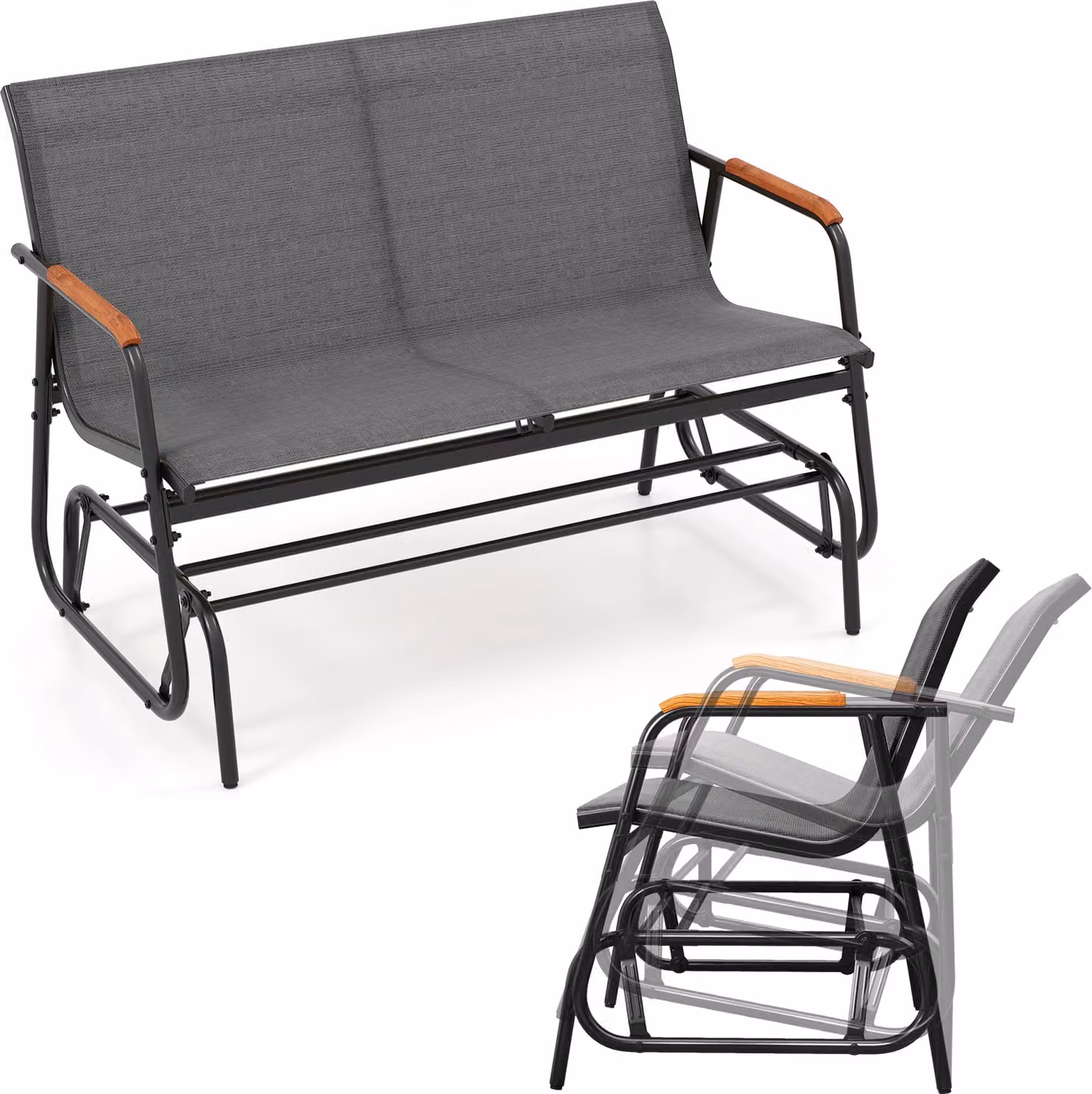 Panchina da giardino KOMFOTTEU a 2 posti, panca a dondolo in tessuto con braccioli ricurvi, portante fino a 300 kg, panca da terrazza per giardino e balcone (74 x 115 x 84 cm)