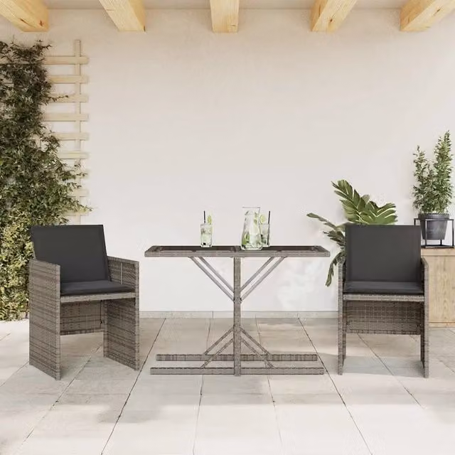 Set da Bistrò vidaXL in Polyrattan Grigio con Piano in Vetro e 3 Cuscini