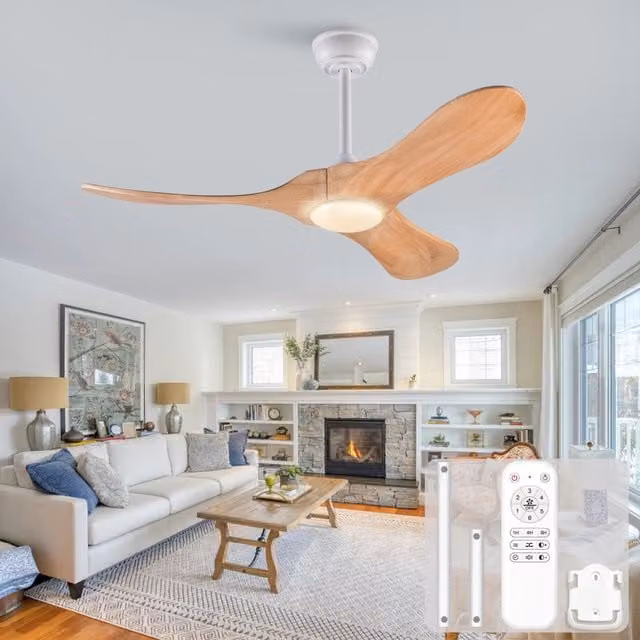 Ventilatore da soffitto con luce LED dimmerabile e motore reversibile in legno naturale e bianco, diametro 106,68 cm