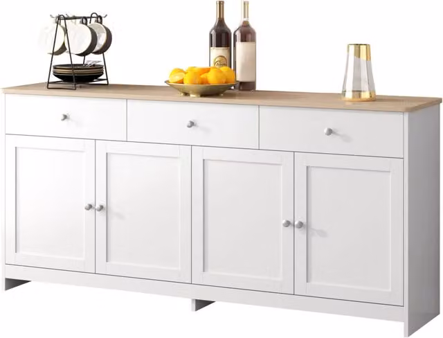 Sideboard con finitura legno bianco e bianco, 4 ante, 3 cassetti, per soggiorno e sala da pranzo