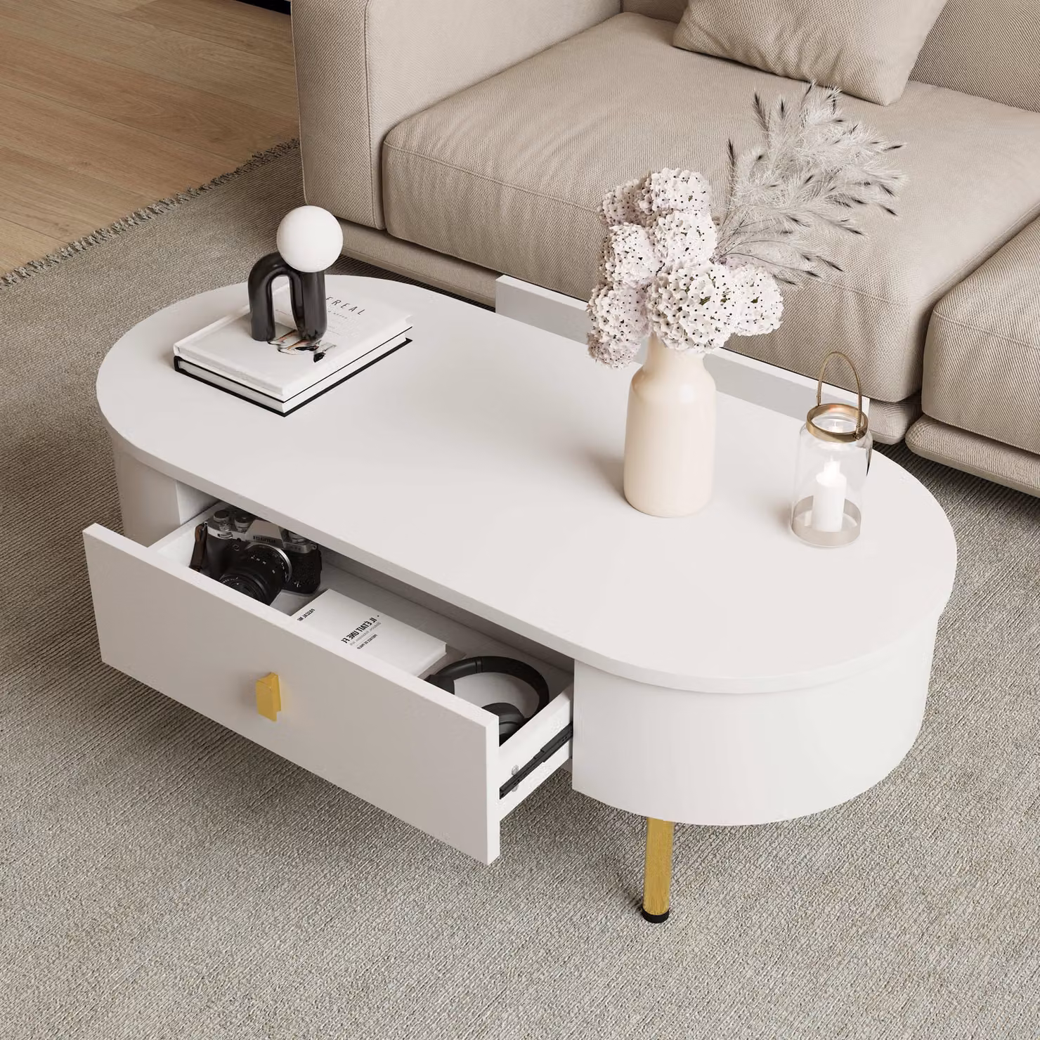 STILVORA Tavolino da salotto con due cassetti, tavolino con maniglie e gambe dorate, credenza con angoli arrotondati, bianco