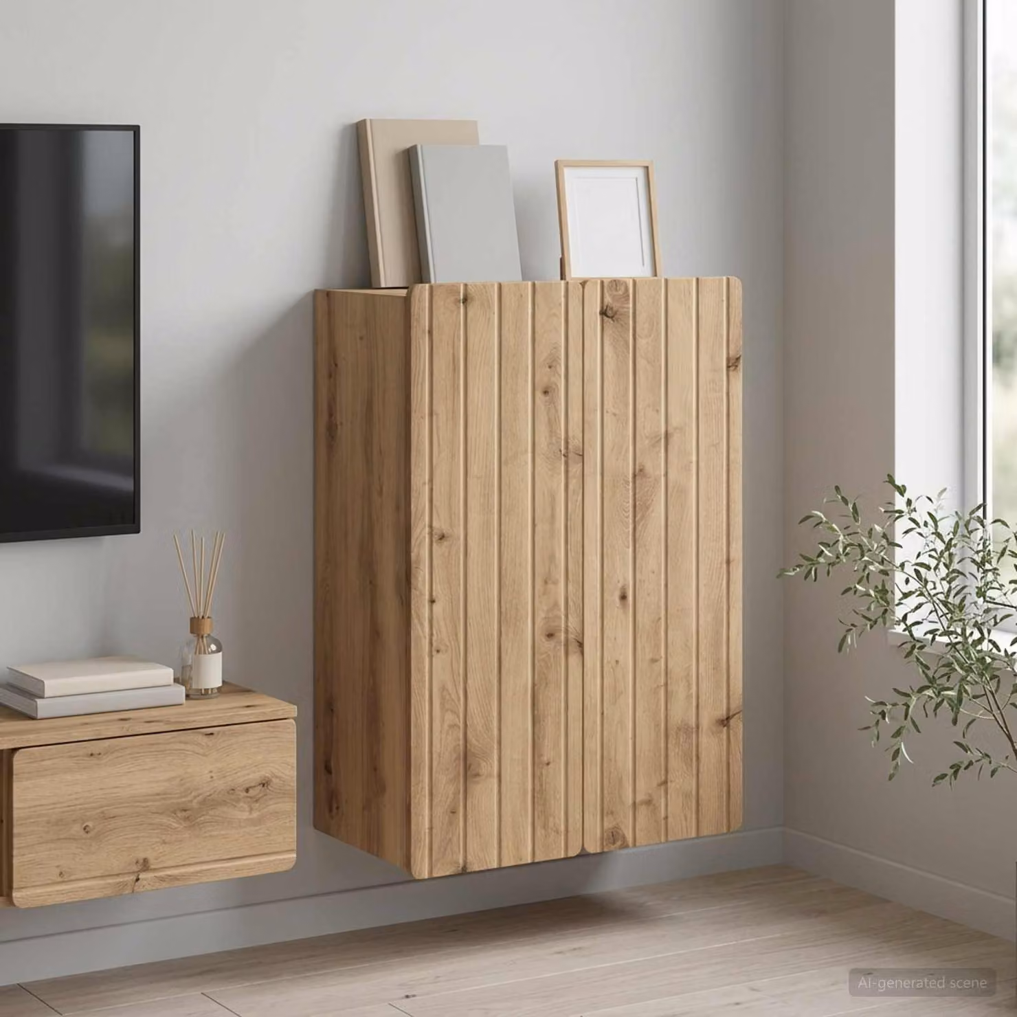 Mobiletto a muro moderno vidaXL in legno color rovere marrone con ante a battente e ripiani interni L/P/H: 66 x 34,5 x 92 cm
