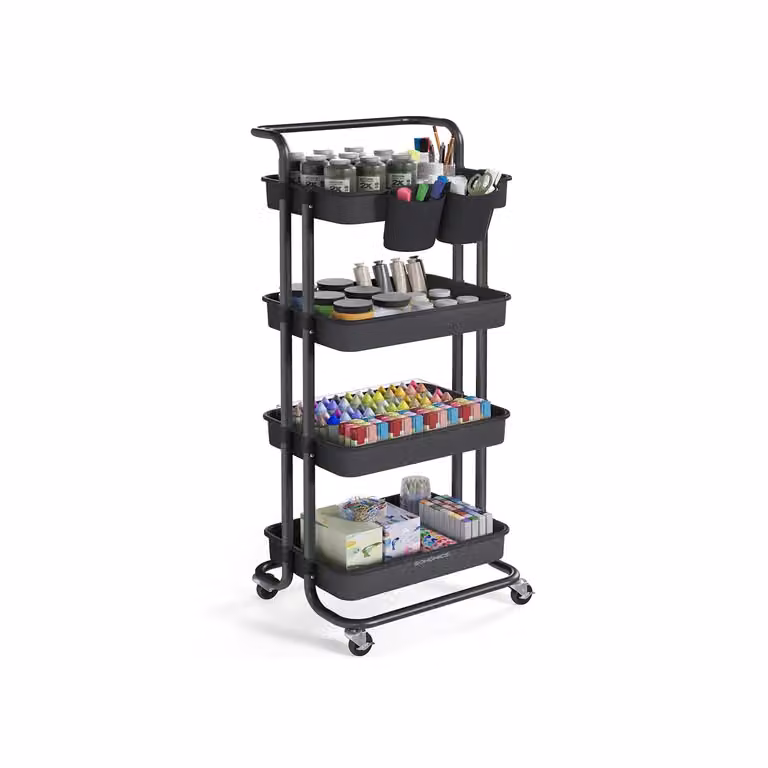 Carrello Multiuso con Ruote Manico e Organizzatori, Nero / 4 Livelli (115H cm)
