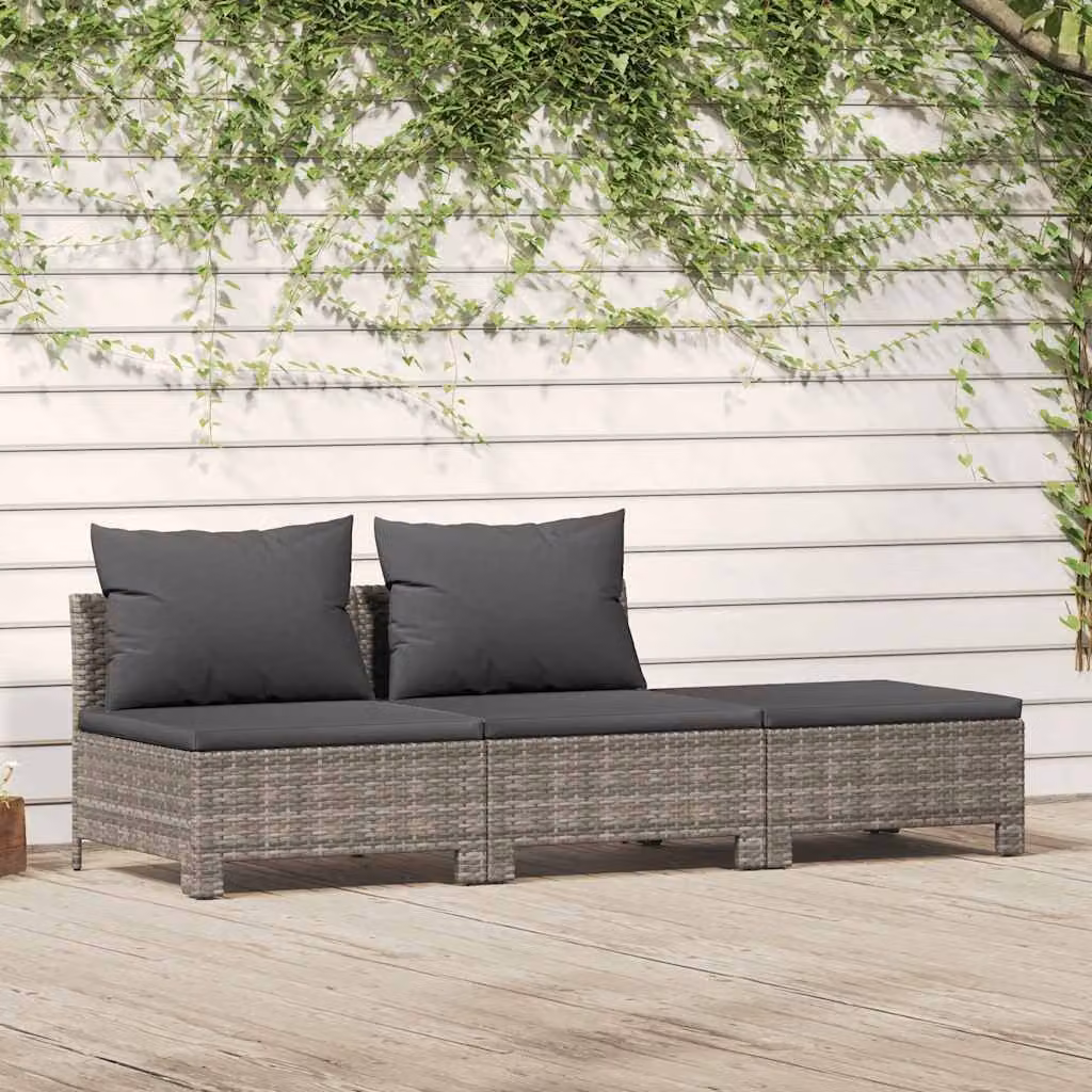 Set da giardino moderno vidaXL in rattan grigio con divano a 2 posti, tavolino da caffè e cuscini in schiuma con struttura in acciaio verniciato a polvere