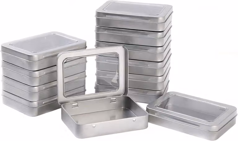Contenitori trasparenti con finestra, dimensioni 11,5x8,5x2,2 cm, confezione da 12 pezzi, in metallo, ideali per perline