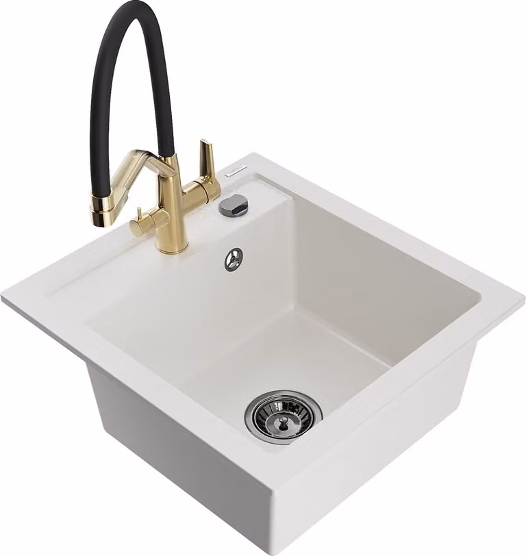 Mexen Vito lavello in granito a 1 vasca con miscelatore da cucina Duo, bianco - 6503-20-671701-57-B