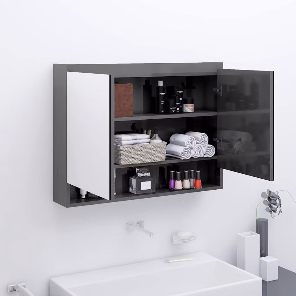 Armadietto da bagno con specchio vidaXL in MDF grigio lucido, L: 80 cm, P: 15 cm, H: 60 cm