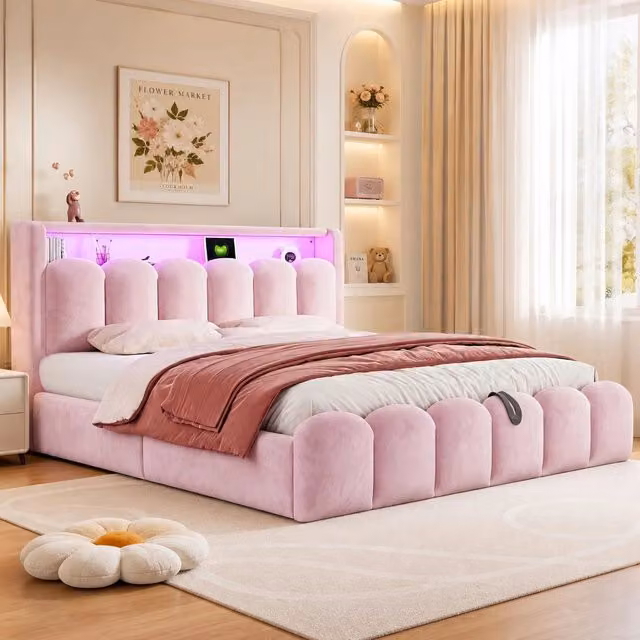 Letto matrimoniale Mivray con contenitore e testiera a petali in velluto rosa, dotato di illuminazione LED e porte di ricarica USB e Type-C, L/P/H: 180 x 200 x 105 cm
