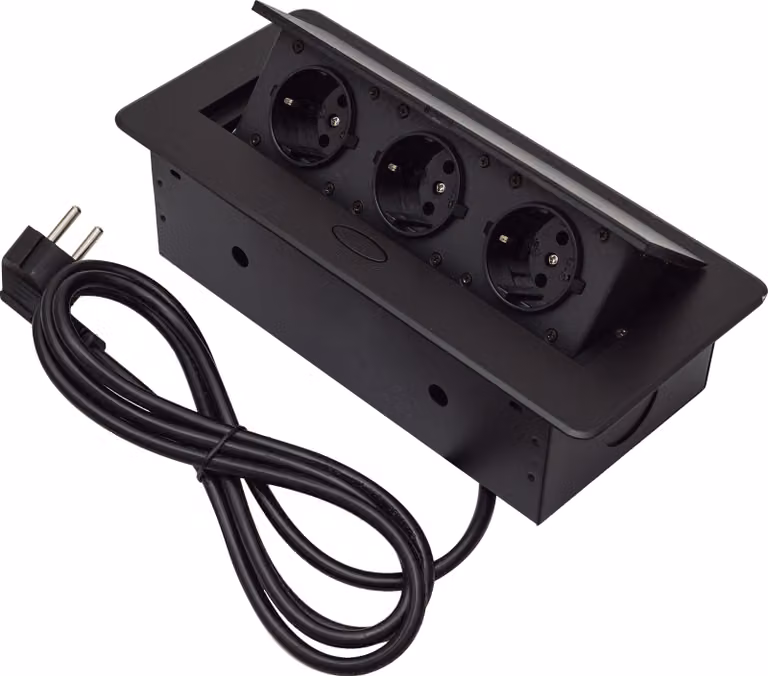 Prese da incasso, presa da tavolo, presa per cucina, presa a muro, tripla, 230V, Schuko, nera