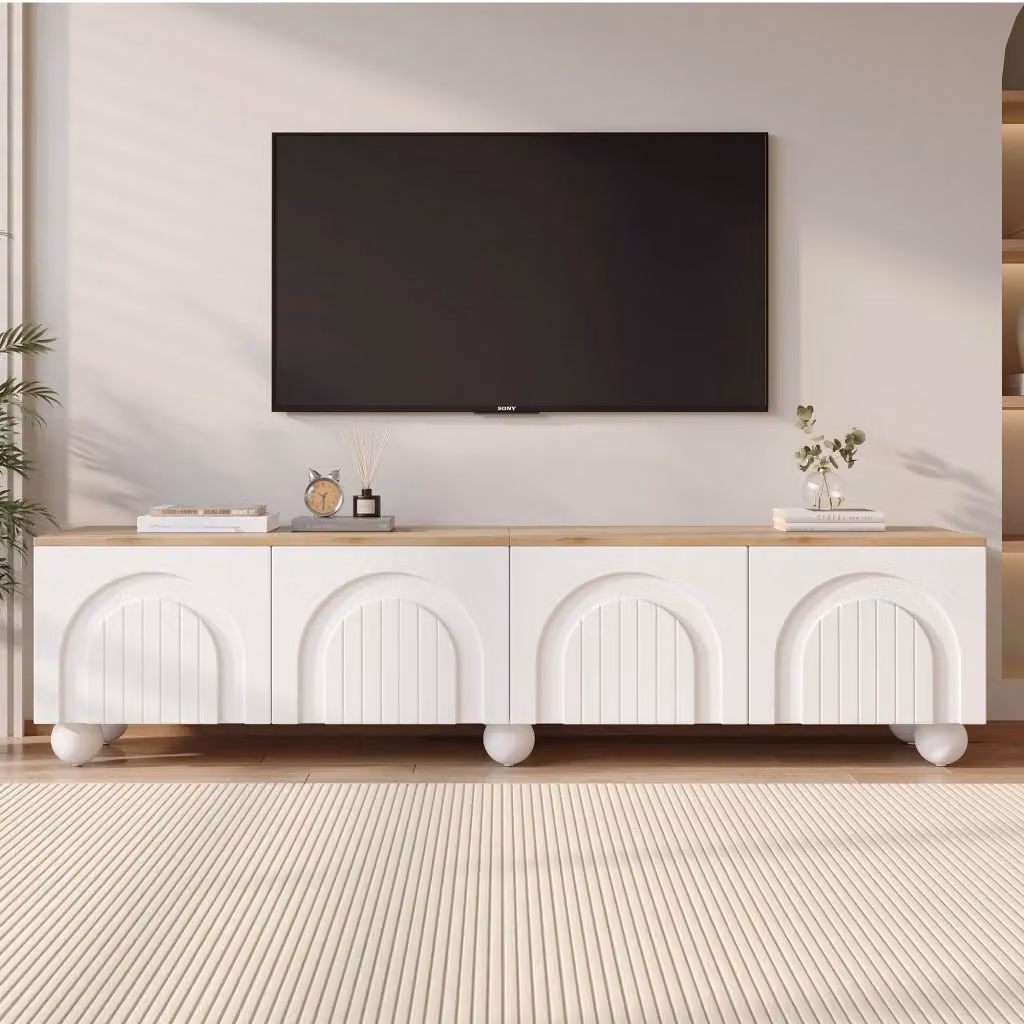 Mobile TV Chicfurn per soggiorno in MDF bianco e rovere con 4 ante, 2 vani e 6 piedini, L: 180 cm, P: 40 cm, H: 45 cm – 2