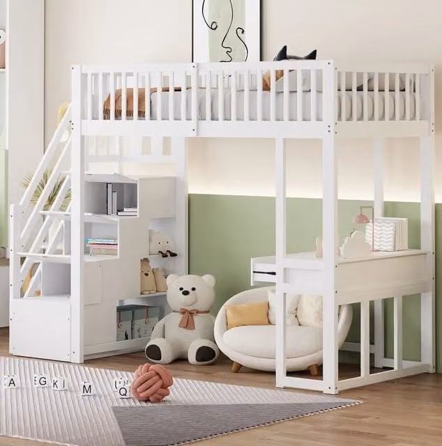 Letto a soppalco 90x200 cm bianco con scrivania multifunzione e scala contenitore