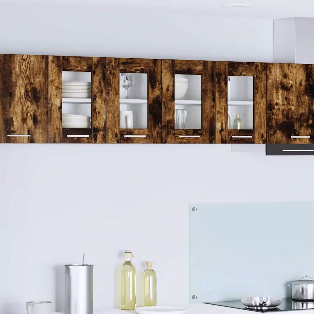 Set di 2 armadi pensili da cucina vidaXL in legno rovere fumé con ante in vetro e ripiani interni, L/P/H: 60 x 40 x 31 cm