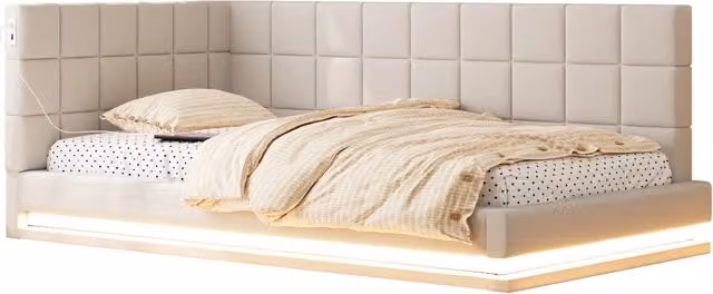 Divano letto singolo 90x200 cm con LED; USB e rete a doghe in lino beige