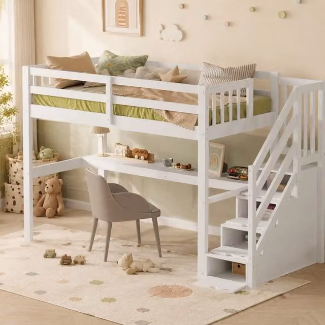Letto a soppalco in legno di pino bianco 90x200 cm con cassetti contenitori e scrivania integrata
