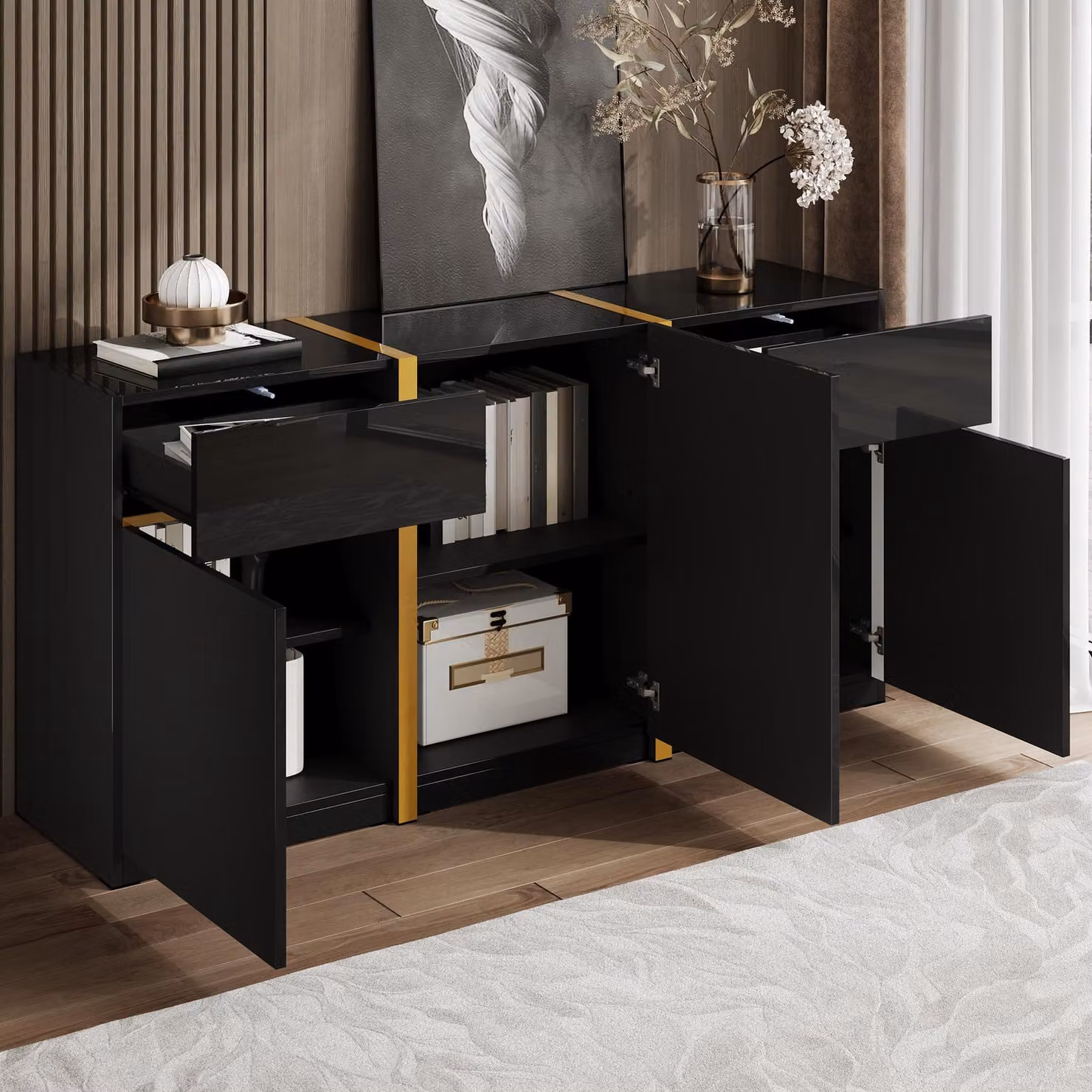 Comodino alto con finitura lucida, superficie decorativa e dettagli dorati. Mobile contenitore con cassetti e ante, ideale per il soggiorno o la sala da pranzo, realizzato in MDF nero